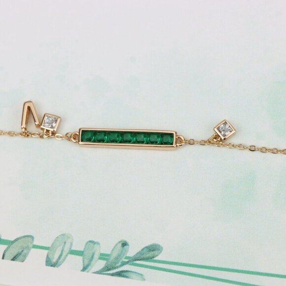 "Emerald Green Bar Charm Rose Gold Bracelet with CZ Accents, XPBL0806 - Picture 2 of 11
